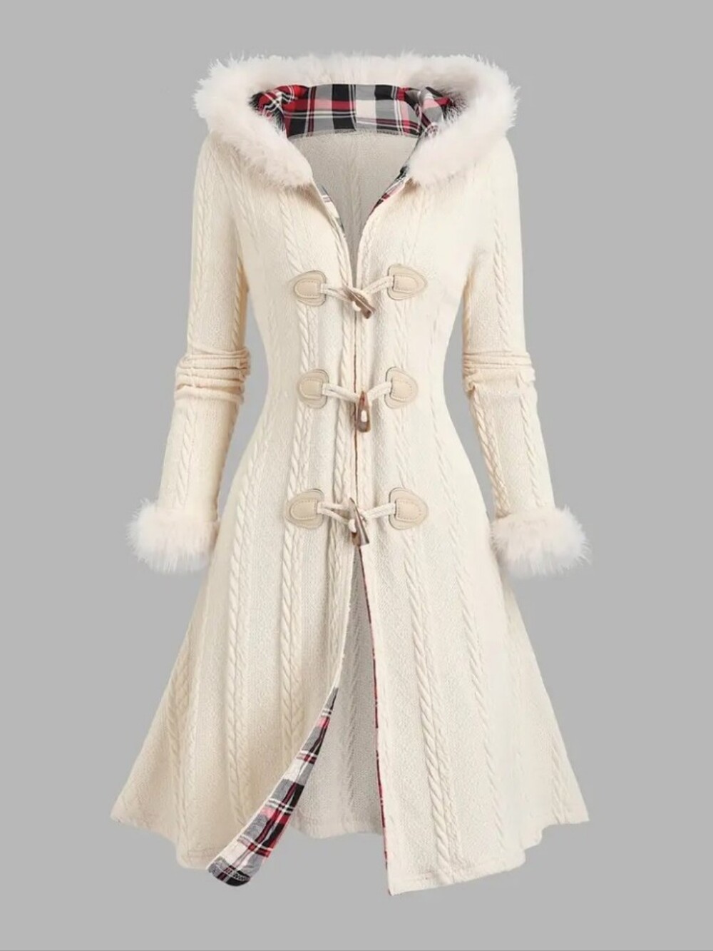 Y2K Plaid Patchwork Hooded Coat with Button Closure and Long Sleeves